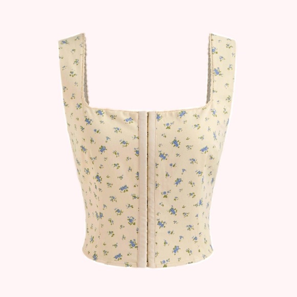 100% Cotton Cream & Blue Floral Square Neck Corset Cottagecore Tank Top Size XS - Picture 2 of 8